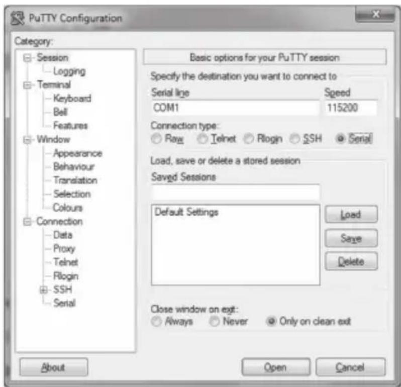 PuTTY Configuration Category: Session Logging Terminal Keyboard Bell Features Window Appearance Behaviour Translation Selection Colours Connection Data Proxy Telnet Rlogin SSH Serial Basic options for your PuTTY session Specify the destination you want to connect to Serial line Speed COM1 115200 Connection type: Raw Telnet Rlogin SSH Serial Load, save or delete a stored session Saved Sessions Default Settings Load Save Delete Close window on exit: Always Never Only on clean exit About Open Cancel