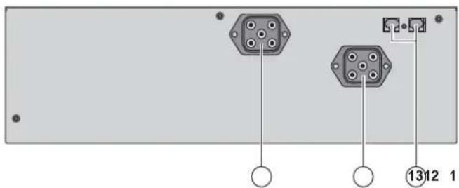 Diagram of two hexagonal connectors with pin holes, connected to a terminal block (no text or symbols)