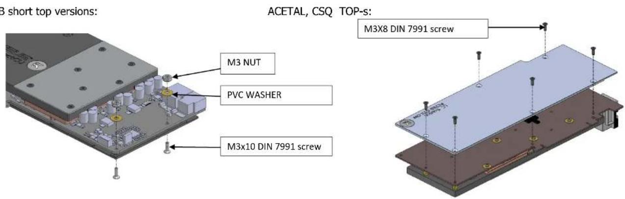 3 short top versions: ACETAL, CSQ TOP-s: M3 X8 DIN 7991 screw M3 NUT PVC WASHER M3x10 DIN 7991 screw