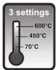 3 settings 600°C 450°C 70°C