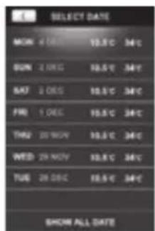 SELECT DATE MON 4 DEC 10.5°C 34°C SUN 2 DEC 10.5°C 34°C SAT 2 DEC 10.5°C 34°C FRI 1 DEC 10.5°C 34°C THU 20 NOV 10.5°C 34°C WED 20 NOV 10.5°C 34°C TUE 20 DEC 10.5°C 34°C SHOW ALL DATE