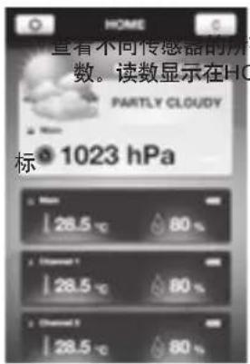 查看不同传感器的所 数。读数显示在HQ PARTLY CLOUDY 标 1023 hPa 28.5 ℃ 80 % 28.5 ℃ 80 % 28.5 ℃ 80 %