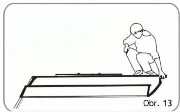 Line drawing of a person sitting on a ladder-like structure, labeled 'Obr. 13' (no other text or symbols)