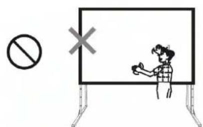Safety warning sign with prohibition symbol and cross mark, showing a person giving a check to a monitor
