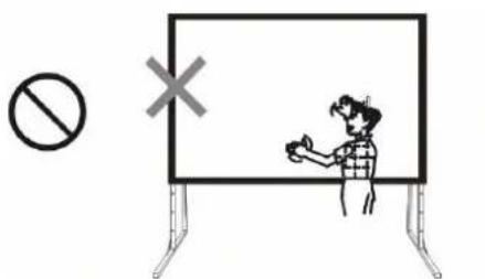 Safety warning sign with prohibition symbol and cross mark, showing a person holding a device on a whiteboard