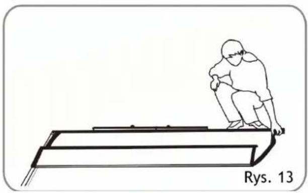 Line drawing of a person kneeling on a platform with a ruler, labeled 'Rys. 13' (no other text or symbols)