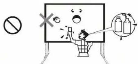 Safety warning illustration showing a person using a smartphone to clean bottles, with a 'no liability' symbol and a cross mark indicating no liability.
