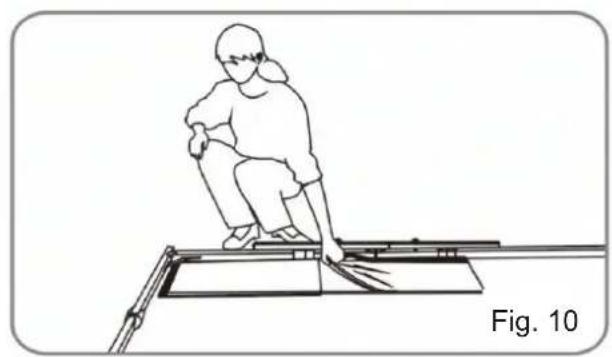 Line drawing of a person sitting on a bench with a tool, labeled 'Fig. 10' (no text or symbols on the diagram itself)