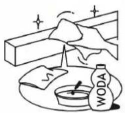 Illustration of a person cleaning a wall with a cloth, water bottle, and cloth (no text or symbols)