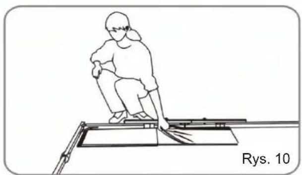 Line drawing of a person sitting on a bench with a tool, labeled 'Rys. 10' (no other text or symbols)