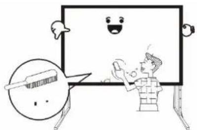 Cartoon illustration of a smiling person gesturing toward a blank board with speech bubbles (no text or symbols)
