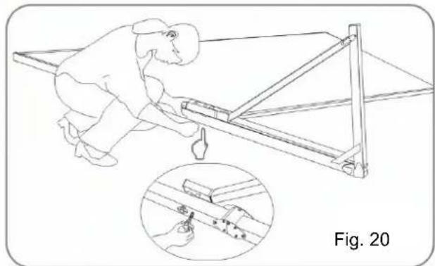 Line drawing of a person using a mechanical device to install a frame, with an inset showing a close-up of the component (no text or symbols)
