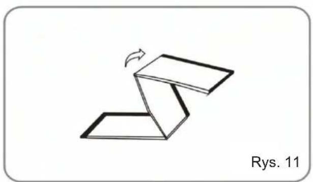 Diagram of a folded paper or sheet with a curved arrow indicating rotation, labeled 'Rys. 11' (no other text or symbols)