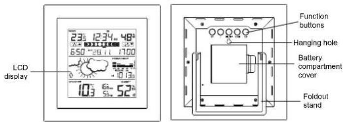 LCD display 23s 1234.48° 650°29.11 1700 103° 16s 52° Function buttons Hanging hole Battery compartment cover Foldout stand