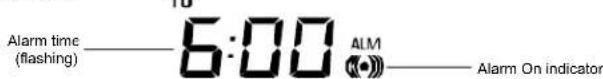 Alarm time (flashing) 6:00 ALM Alarm On indicator