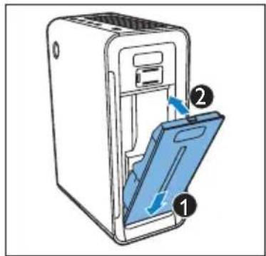 Diagram of a device with labeled parts showing a blue folder and directional arrows indicating movement or flow.