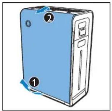 Diagram of a blue server unit with numbered components and directional arrows indicating rotation or movement.