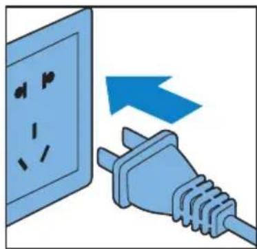 Diagram showing a blue electrical outlet connected to a plug with a blue arrow indicating direction or force.