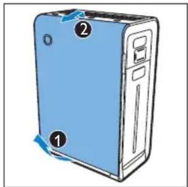 Diagram of a blue server unit with numbered components and directional arrows indicating motion or movement.