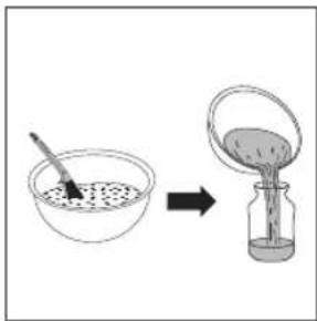 Diagram showing a bowl being mixed with a spoon and then pouring liquid into a glass jar, illustrating a chemical or physical process.