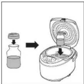 Diagram showing a chemical process step: adding liquid into a bottle and then drying into a rice cooker with lid.