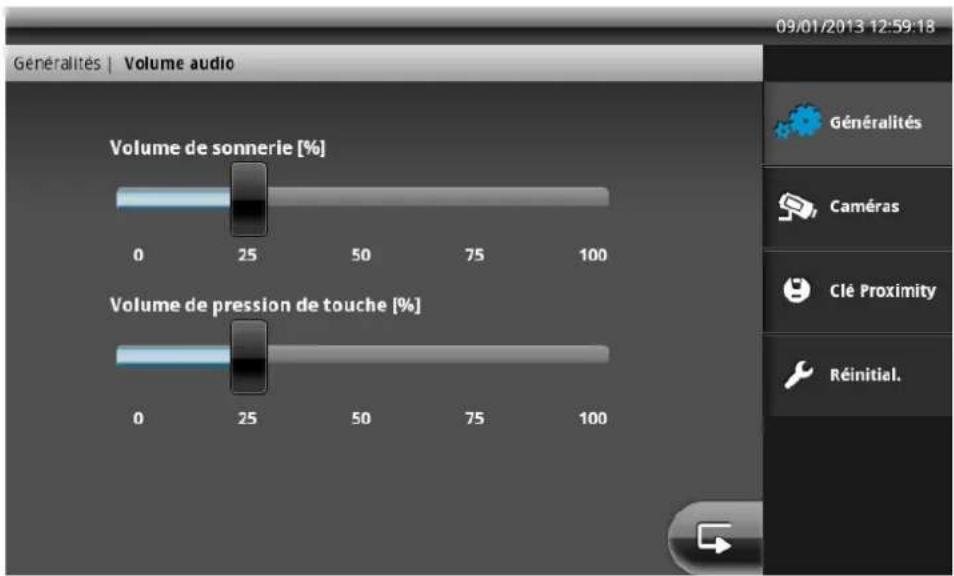 Généralités | Volume audio Volume de sonnerie [%] Volume de pression de touche [%] 0 25 50 75 100 0 25 50 75 100 0 25 50 75 100 09/01/2013 12:59:18 Généralités Caméras Clé Proximity Réinitial.