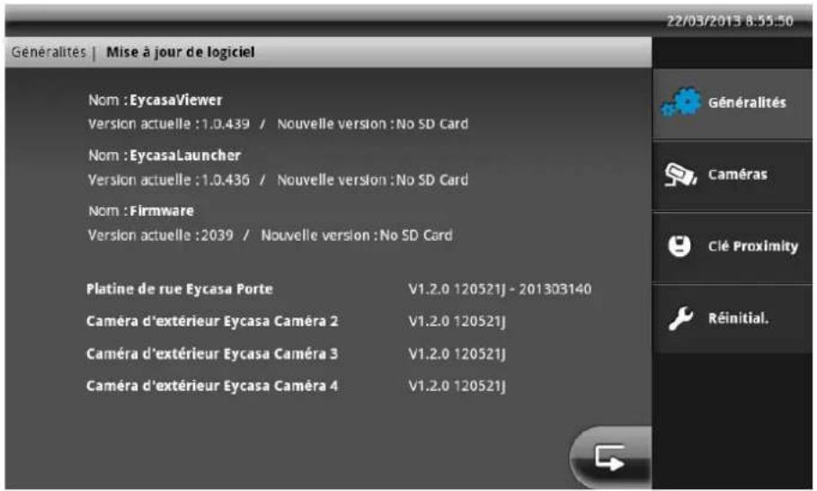 22/03/2013 8:55:50 Généralités | Mise à jour de logiciel Nom : EycasaViewer Version actuelle : 1.0.439 / Nouvelle version : No SD Card Nom : EycasaLauncher Version actuelle : 1.0.436 / Nouvelle version : No SD Card Nom : Firmware Version actuelle : 2039 / Nouvelle version : No SD Card Platine de rue Eycasa Porte V1.2.0 120521J - 201303140 Caméra d'extérieur Eycasa Caméra 2 V1.2.0 120521J Caméra d'extérieur Eycasa Caméra 3 V1.2.0 120521J Caméra d'extérieur Eycasa Caméra 4 V1.2.0 120521J Généralités Caméras Clé Proximity Réinitial.
