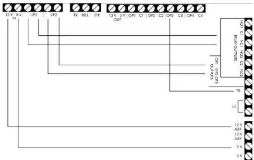 12 V 0 V | I/P1 | S/P2 TR BILL STR 12 V 0 V OP1 C1 OP2 C2 OP3 C3 OP4 C4 OUT NO1 C1 NO1 NO2 C2 NO2 RELAY OUTPUTS OP1 OP2 OP3 OUTPUTS TR L5 12 V AUX 12 V AUX 0 V 0 V