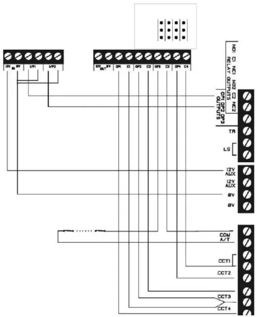 NO1 C1 NCI NO2 C2 NC2 RELAY OUTPUTS OP1 OP2 OP3 OUTPUTS TR LS 12V AUX 12V AUX AV AV COM A/T CCT1 CCT2 CCT3 CCT4