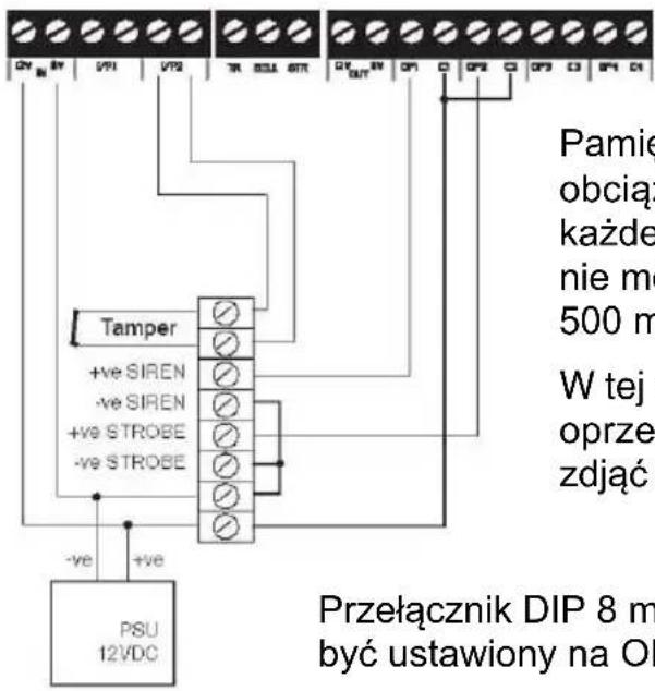Pamię obciążą każde nie mo 500 m W tej oprze zdjąć Przełącznik DIP 8 m być ustawiony na OI Tamper +ve SIREN -ve SIREN +ve STROBE -ve STROBE -ve +ve PSU 12VDC