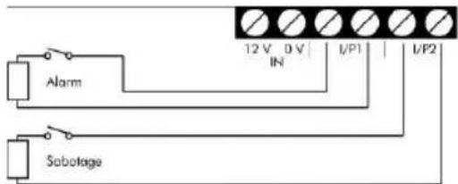Alarm 12 V 0 V IN I/P1 I/P2 Sabotage
