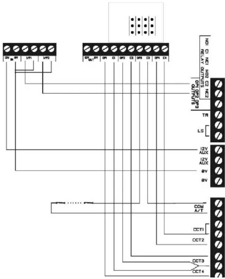 NO1 CL NC1 NO2 C2 NC2 RELAY OUTPUTS OP1 OP2 OP3 OUTPUTS TR LS 12V AUX 12V AUX OV OV COM A/T CCT1 CCT2 CCT3 CCT4