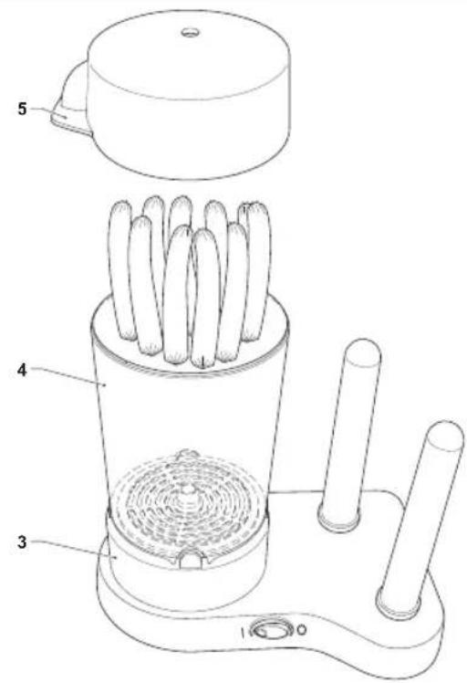 Technical diagram of a portable food heater with labeled parts including a lid, four tubes, and a base with three tubes.