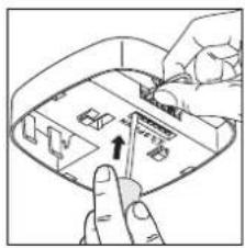 Illustration of hands interacting with a device panel, showing a hand pressing a button (no text or symbols visible)