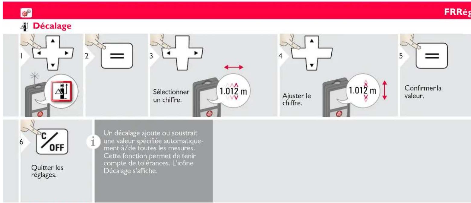 FRRég Décalage 1 2 3 4 5 Sélectionner un chiffre. 1.012 m Ajuster le chiffre. 1.012 m Confirmer la valeur. 6 Quitter les réglages. i Un décalage ajoute ou soustrait une valeur spécifiée automatiquement à/de toutes les mesures. Cette fonction permet de tenir compte de tolérances. L'icône Décalage s'a…