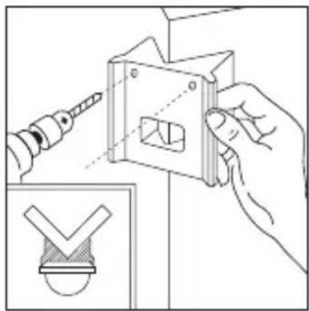 Illustration of a hand using a tool to adjust a metal bracket with a checkmark symbol (no text or labels present)