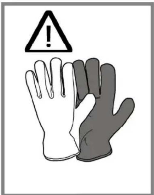 Warning sign with exclamation mark and two gloves, one white and one gray, indicating hazard or caution.