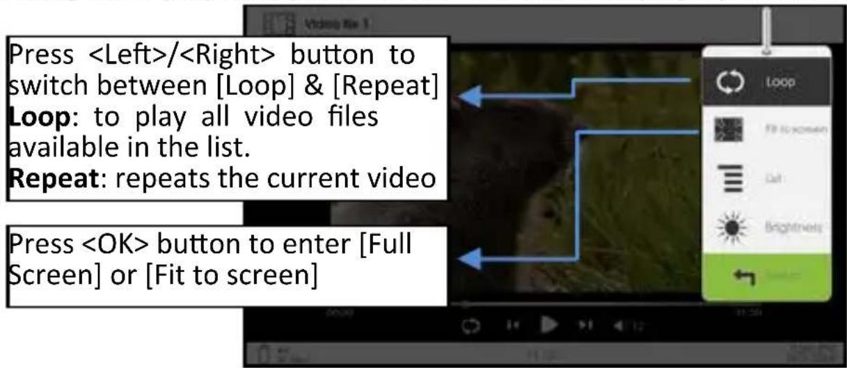 Press / button to switch between [Loop] & [Repeat] Loop: to play all video files available in the list. Repeat: repeats the current video Press button to enter [Full Screen] or [Fit to screen]