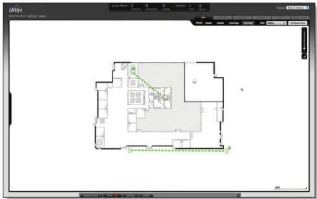 Floor plan screenshot showing room layout with numbered rooms and green dashed lines indicating pathways or paths