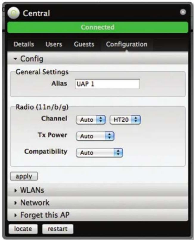 Central Connected Details Users Guests Configuration Config General Settings Alias UAP 1 Radio (11n/b/g) Channel Auto HT20 Tx Power Auto Compatibility Auto apply WLANs Network Forget this AP locate restart
