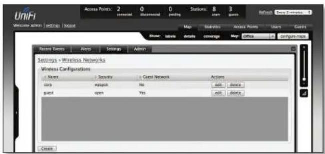 UniFi Access Points: 2 renewed 0 documental 0 pending Stations: 8 user 3 package Refresh Every 2 minutes Welcome admin | settings | lognet Map Statistics Access Ains Users Custom Show: double details coverage Map Office Configure maps Recent Events Alert Settings Admin Settings - Wireless Networks W…