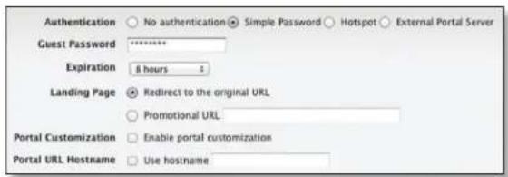 Authentication ○ No authentication ● Simple Password ○ Hotspot ○ External Portal Server Guest Password ********** Expiration 8 hours ? Landing Page ● Redirect to the original URL ○ Promotional URL Portal Customization ○ Enable portal customization Portal URL Hostname ○ Use hostname