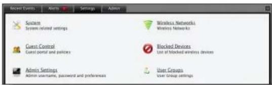 Recent Events Actions Settings Admin System System related settings Wireless Networks Wireless Networks Guest Control Guest portal and policies Blocked Devices List of blocked wireless devices Admin Settings Admin username, password and preferences User Groups User Group settings