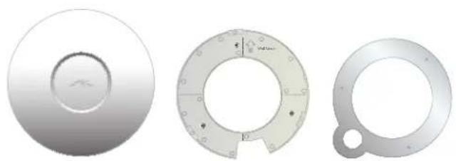 Three views of a mechanical component: a circular disc, a circular ring with internal features, and a metallic ring with a small handle (no text or symbols)