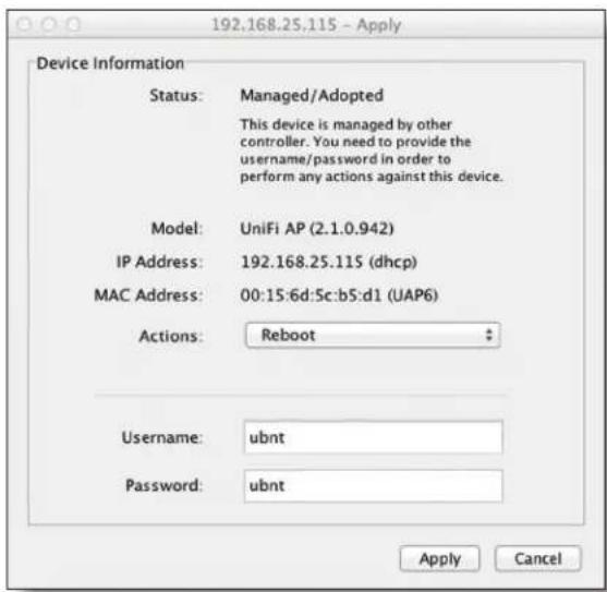 192.168.25.115 - Apply Device Information Status: Managed/Adopted This device is managed by other controller. You need to provide the username/password in order to perform any actions against this device. Model: UniFi AP (2.1.0.942) IP Address: 192.168.25.115 (dhcp) MAC Address: 00:15:6d:5c:b5:d1 (U…