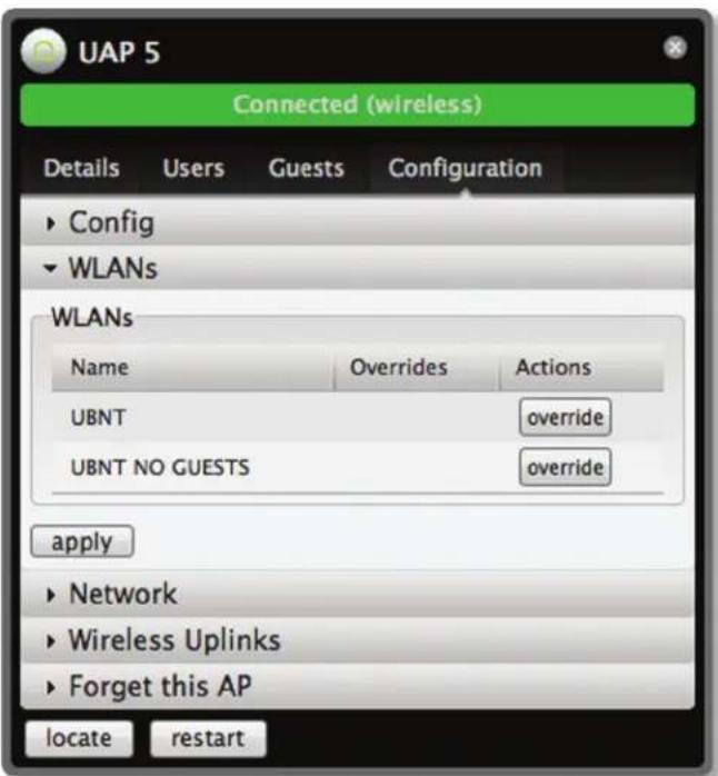 UAP 5 Connected (wireless) Details Users Guests Configuration ► Config ► WLANs WLANs Name Overrides Actions UBNT override UBNT NO GUESTS override apply ► Network ► Wireless Uplinks ► Forget this AP locate restart