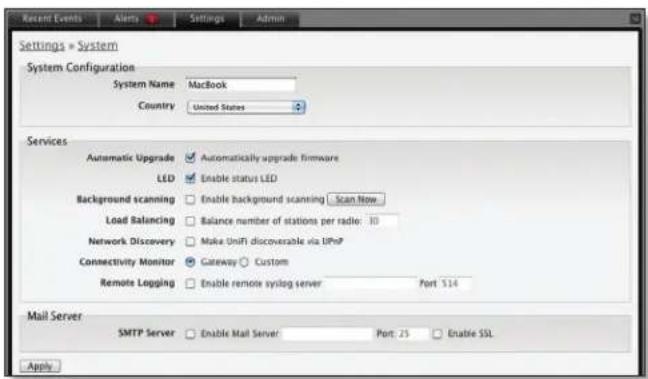 Settings = System System Configuration System Name MacBook Country United States Services Automatic Upgrade Automatically upgrade firmware LED Enable status LED Background scanning Enable background scanning Scan Now Load Balancing Balance number of stations per radio: 30 Network Discovery Make UniF…