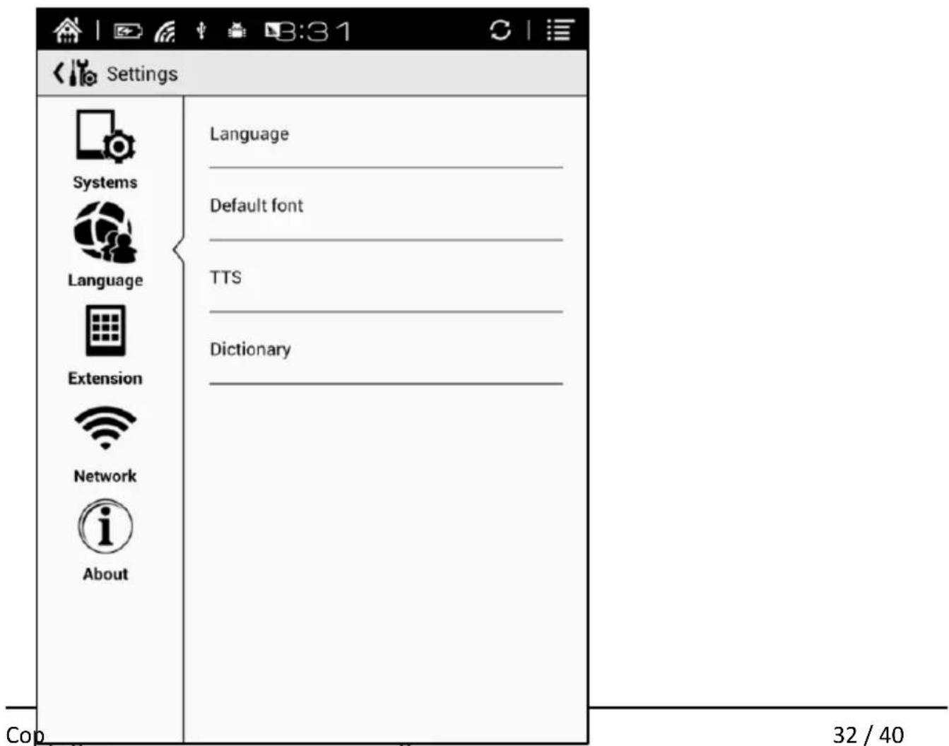 Settings Systems Language Extension Network About Language Default font TTS Dictionary 32 / 40