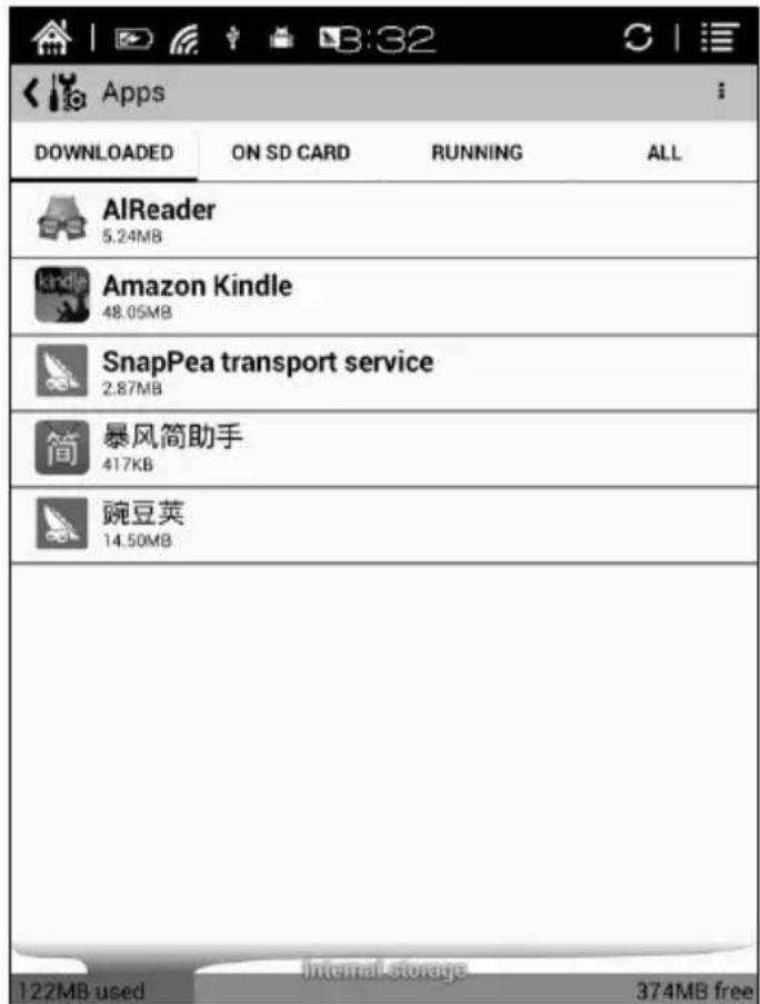 Apps DOWNLOAD ON SD CARD RUNNING ALL AIReader 5.24MB Amazon Kindle 48.05MB SnapPea transport service 2.87MB 暴风简助手 417KB 豌豆荚 14.50MB Internal storage 374MB free 122MB used