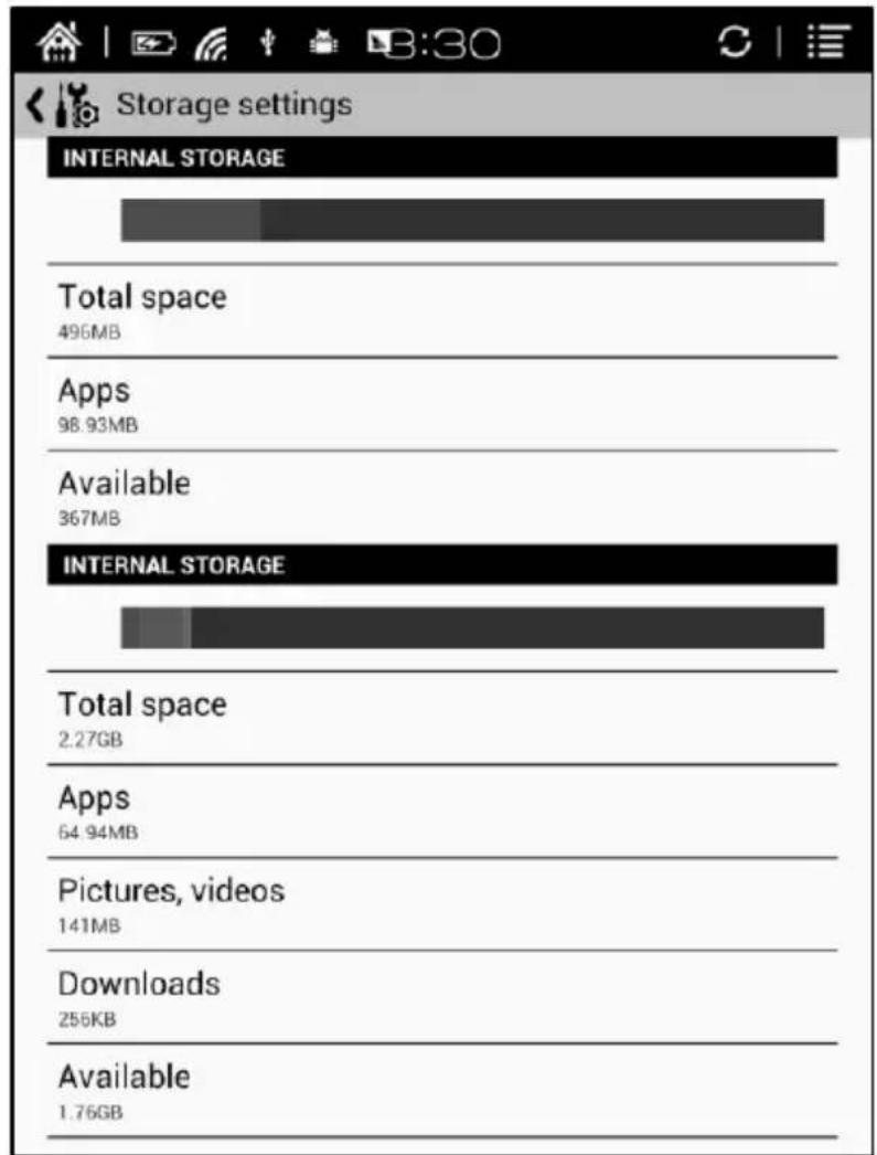 Storage settings INTERNAL STORAGE Total space 496MB Apps 98.93MB Available 367MB INTERNAL STORAGE Total space 2.27GB Apps 64.94MB Pictures, videos 141MB Downloads 255KB Available 1.76GB